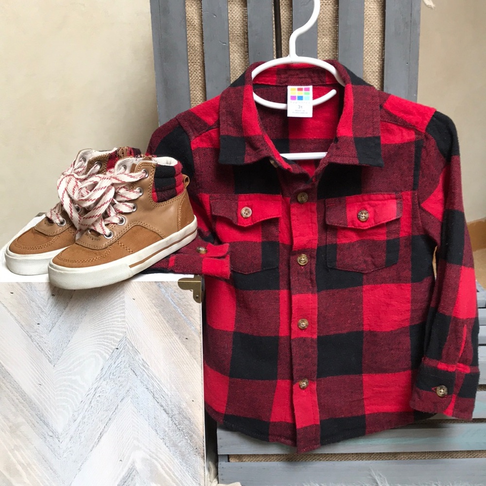Buffalo plaid button down & coordinating shoes